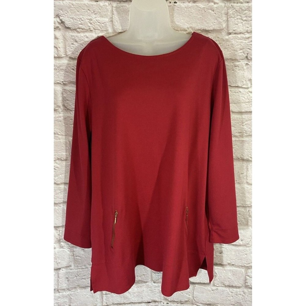 CHICOS True Red‎ Tunic Top 3 XL Gold Zipper Ponte Knit Longline Shirt 9495